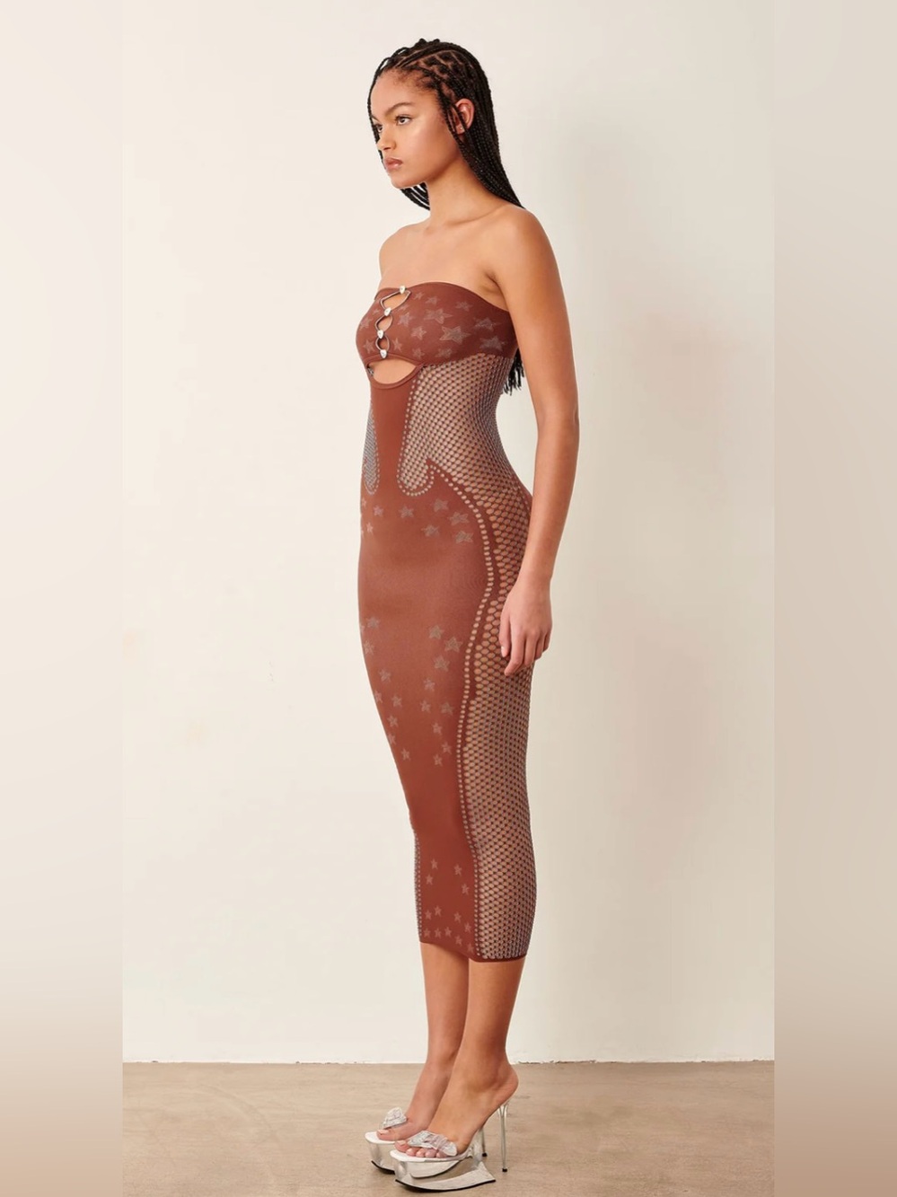 New! Poster Girl Roxie Dress Old Money Brown Stretch Bodycon Midi Dress 🤎🤠 OS - Picture 4 of 13